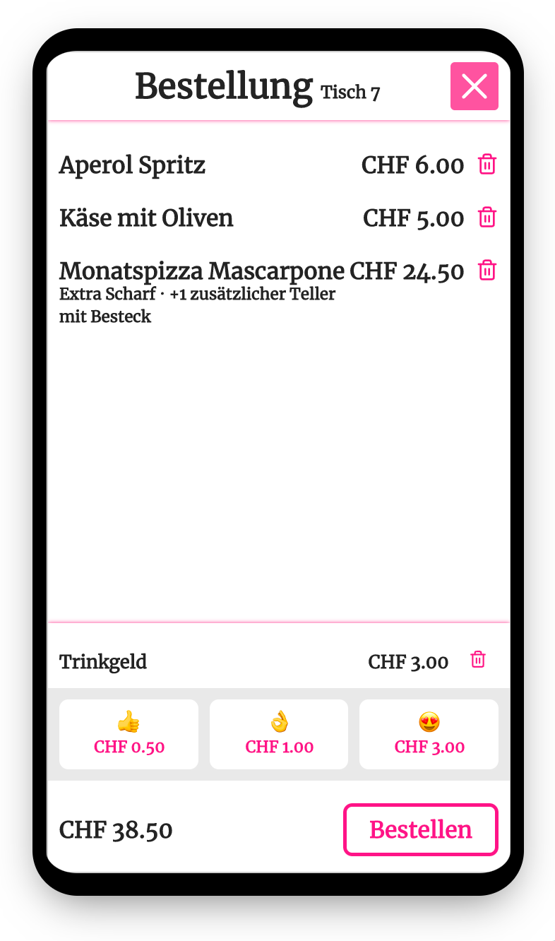 Order with multiple items and the option to tip.