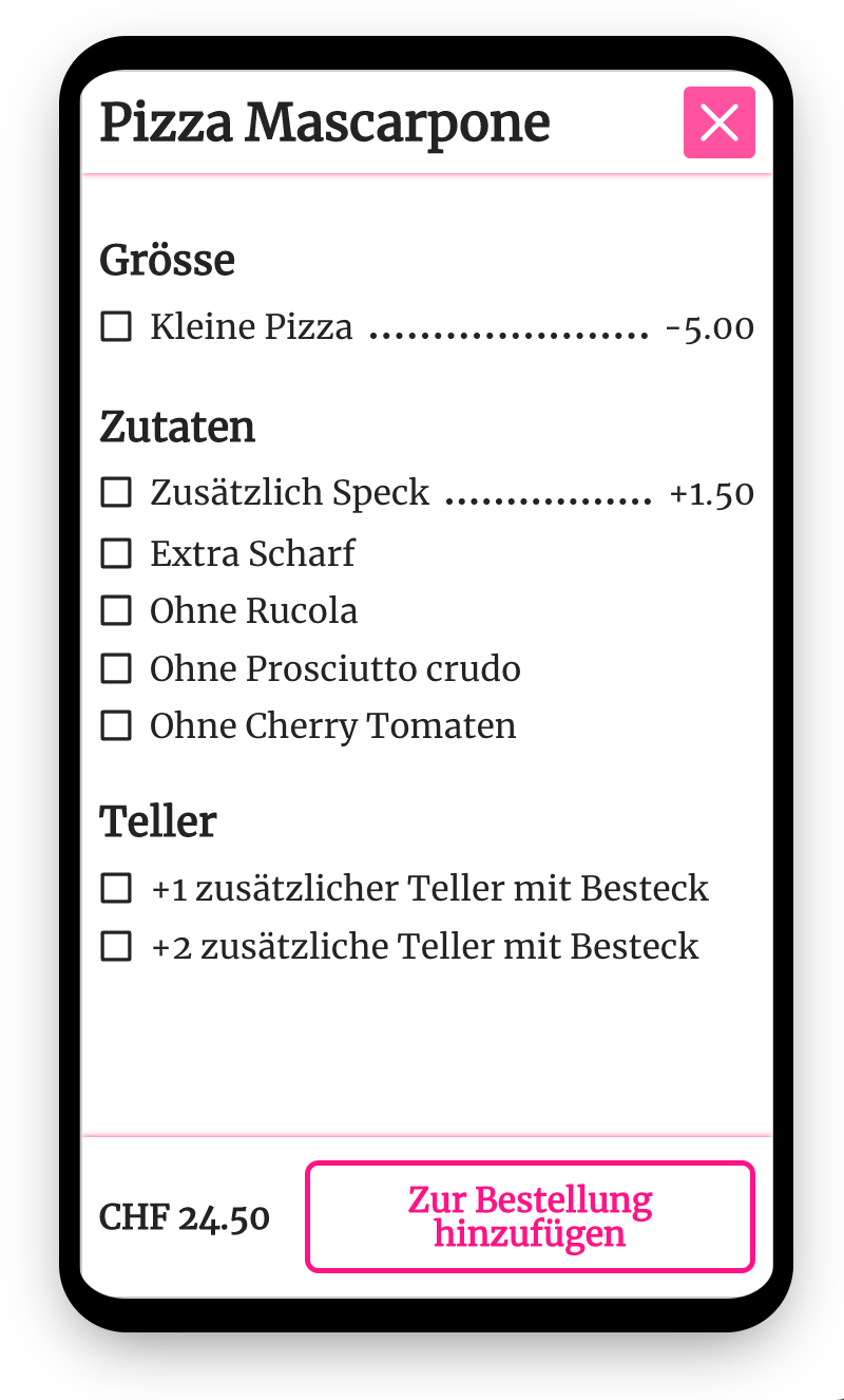 Options for a pizza. Small pizza, more ingredients, more plates