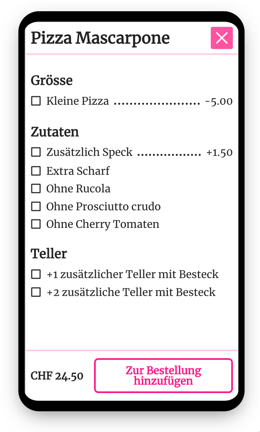 Options pour une pizza. Petite pizza, plus d'ingrédients, plus d'assiettes